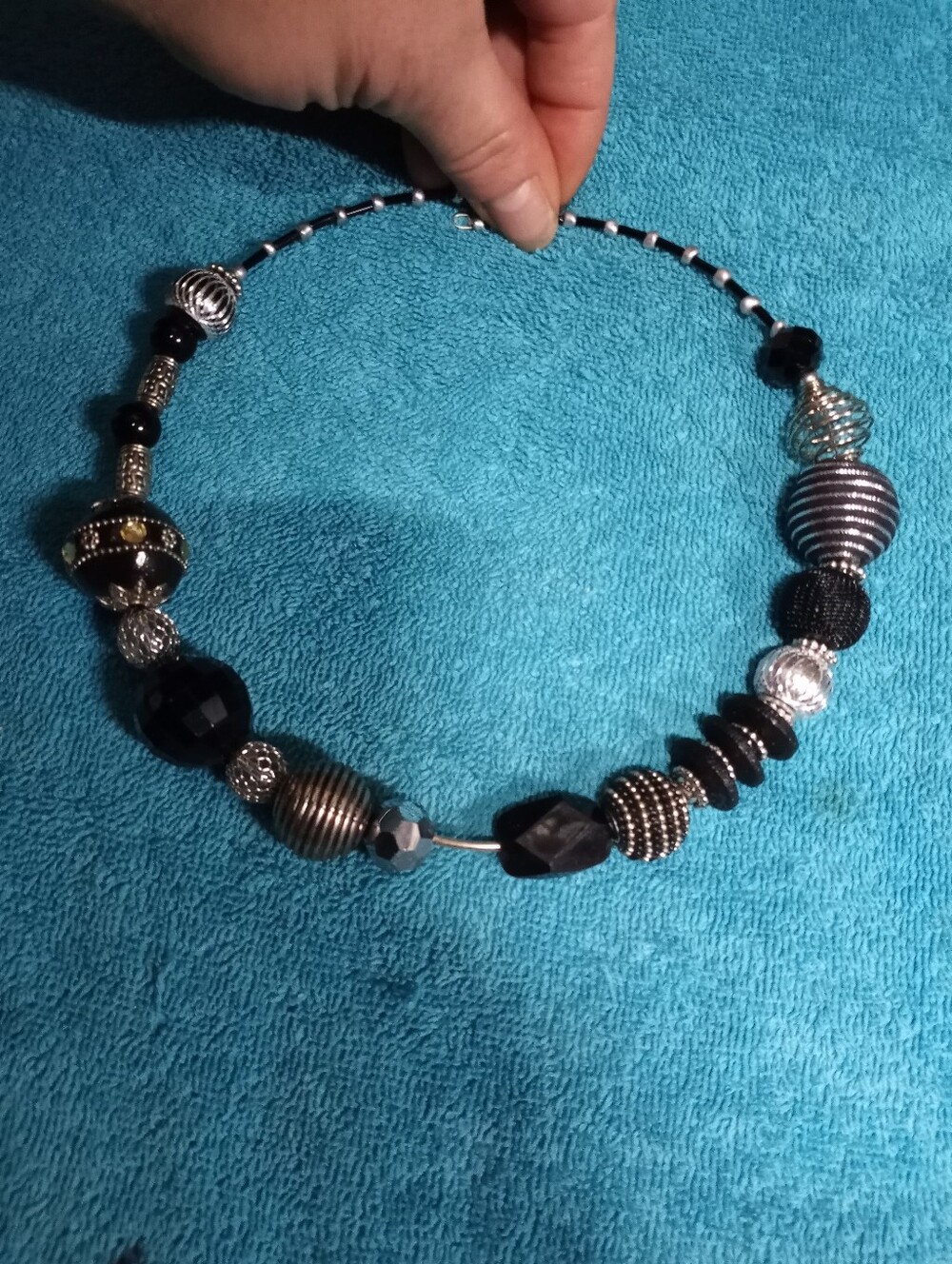 Black and Silver Beaded Statement Necklace On Memory Wire